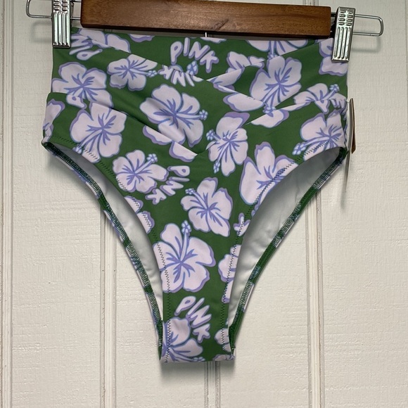 VS Pink V Crossover High-Waist Bikini Bottom Forest Pine Hibiscus - Picture 4 of 12